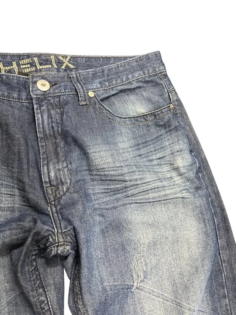 Helix mens blue denim embroided boot cut jeans sz 38x32 SKU 10-548